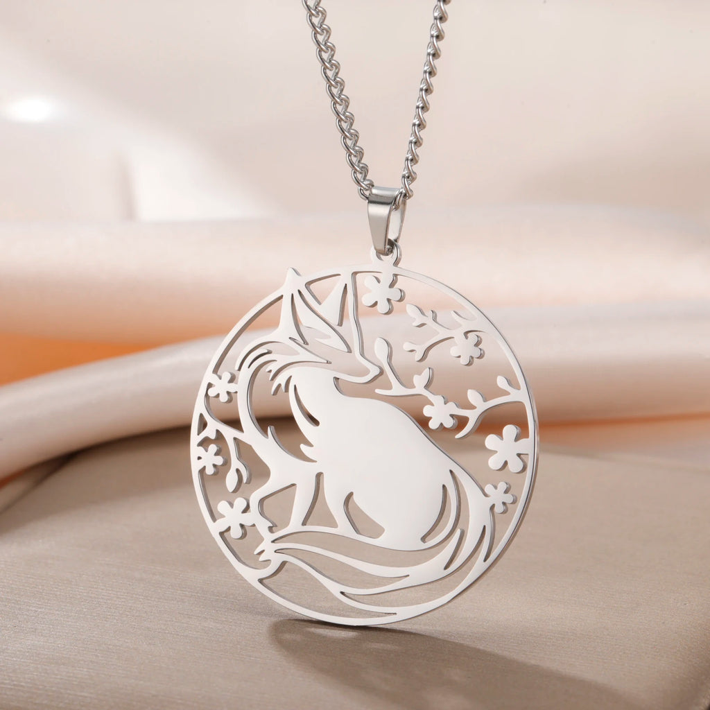 Collier Renard Arbre de Vie en Acier Inoxydable | Pendentif Rond Unisexe