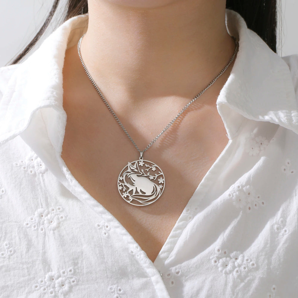 Collier Renard Arbre de Vie en Acier Inoxydable | Pendentif Rond Unisexe