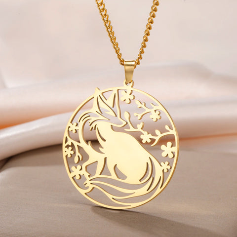 Collier Renard Arbre de Vie en Acier Inoxydable | Pendentif Rond Unisexe