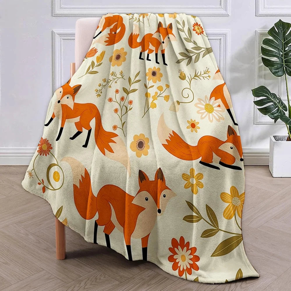 Plaid Renard Floral – Couverture Polaire Douce et Colorée