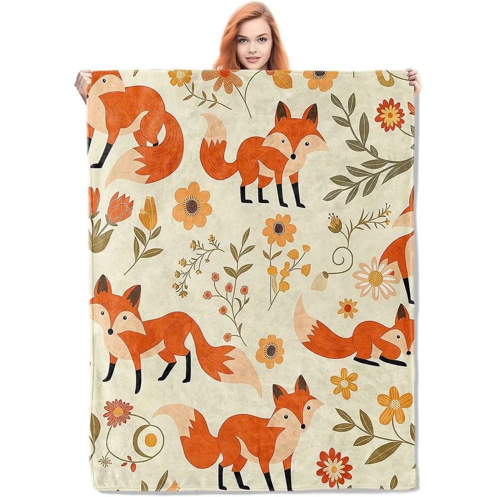 Plaid Renard Floral – Couverture Polaire Douce et Colorée