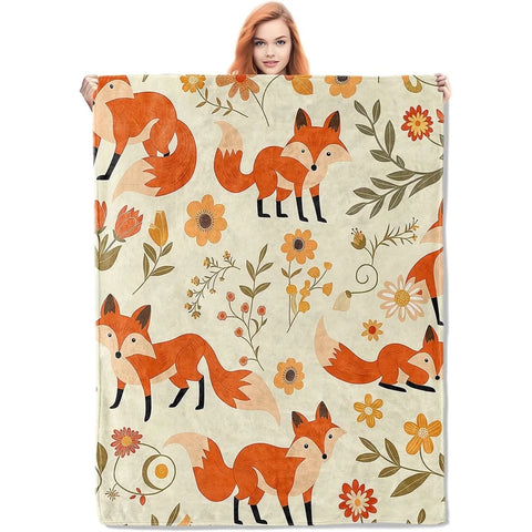 Plaid Renard Floral – Couverture Polaire Douce et Colorée